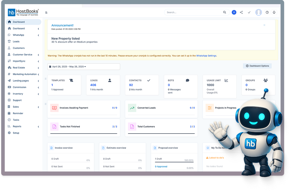 HostBooks CRM dashboard interface showing sales pipeline and analytics