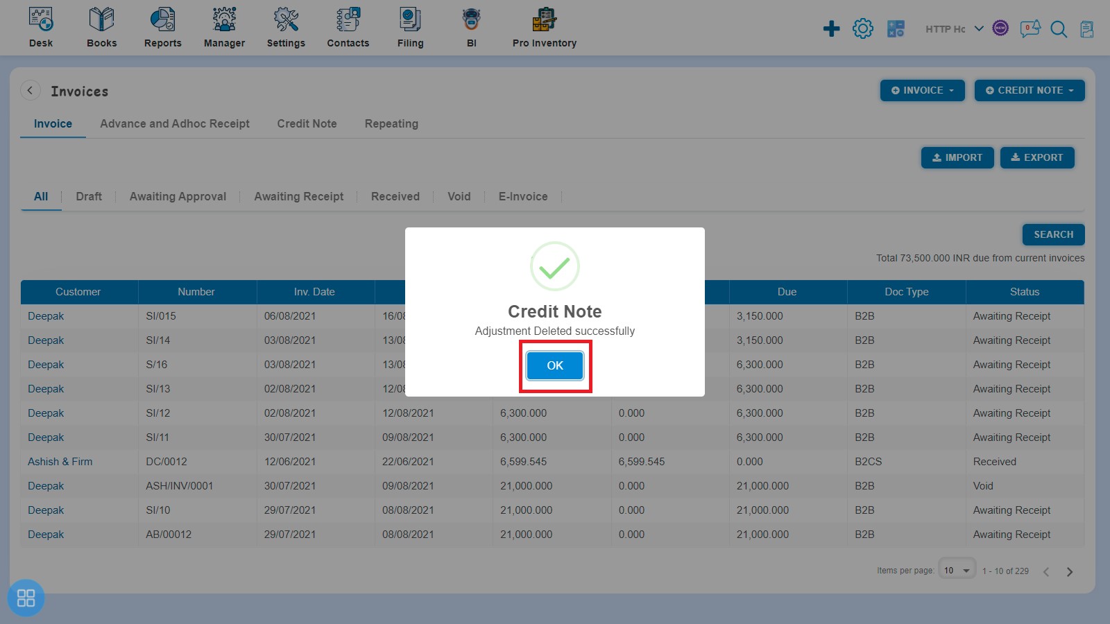 sale-how-to-add-credit-note-and-allocate-credit-click-ok-on-adjustment-deleted-successfully-delete