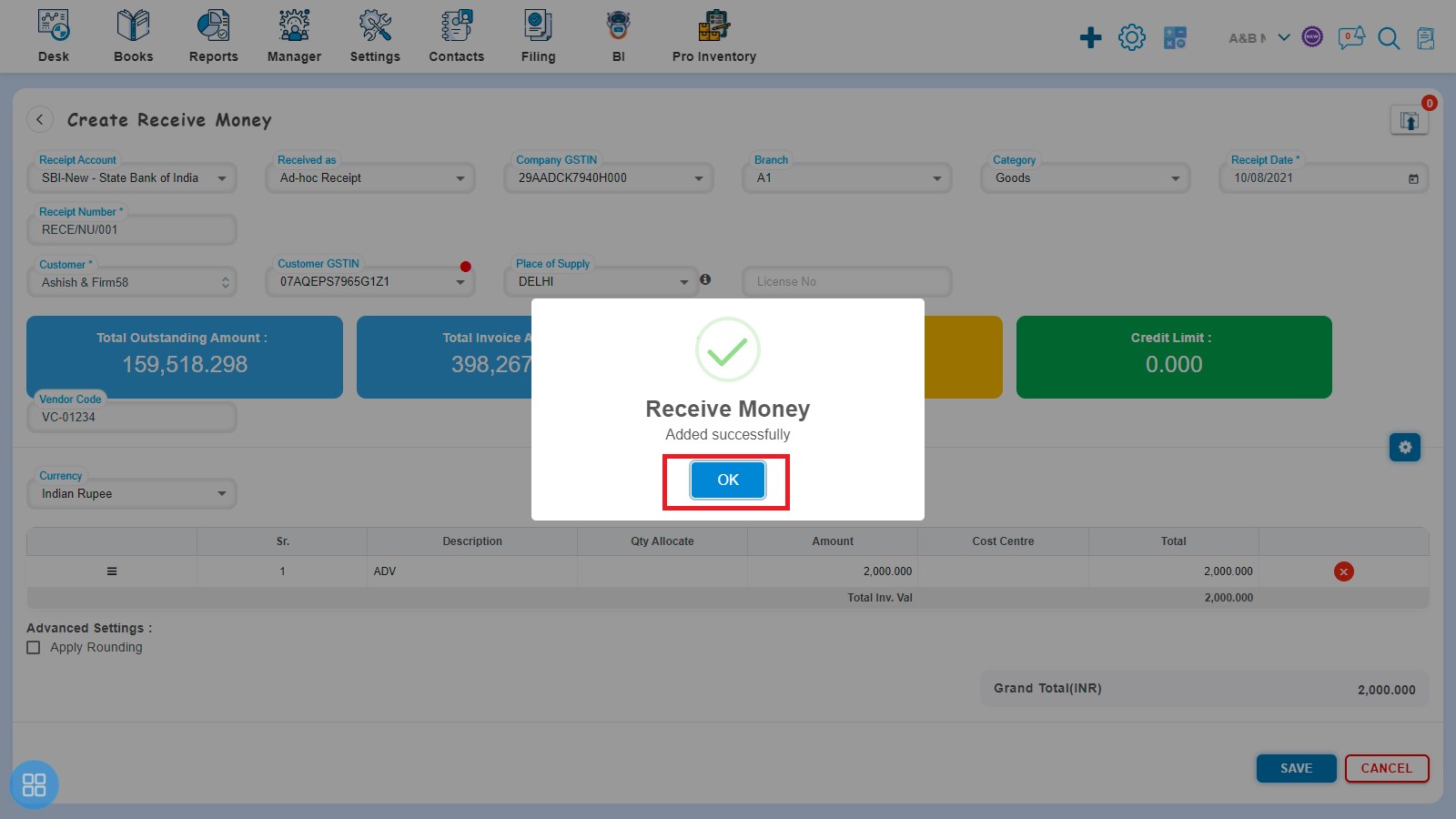 sale-how-to-receive-payment-or-adhoc-receipt-click-ok-on-receive-money-added-successfully