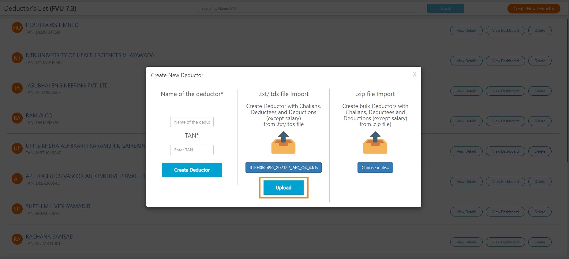 tds-create-a-new-deductor-after-select-file-click-on-upload