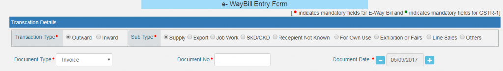 E-way Bill entry form